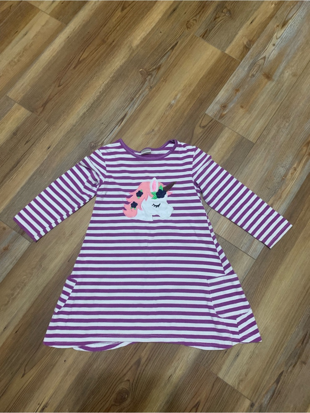 Girls' Purple Stripe Unicorn Dress With Pockets